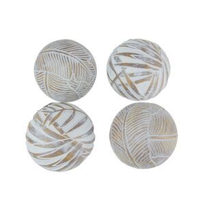 Whitewashed Tropical Leaf Wood Look Decor Balls Set of 4